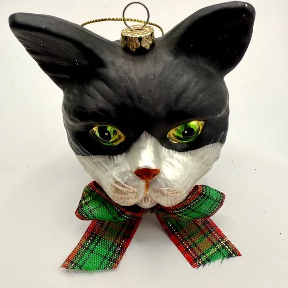 Festive Christmas Cat / Kitty Ornament with Plaid Bow and Bell - Picture 3 of 7
